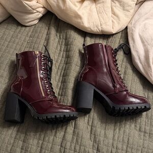 Fashion Nova Glossy Maroon Heeled Boots